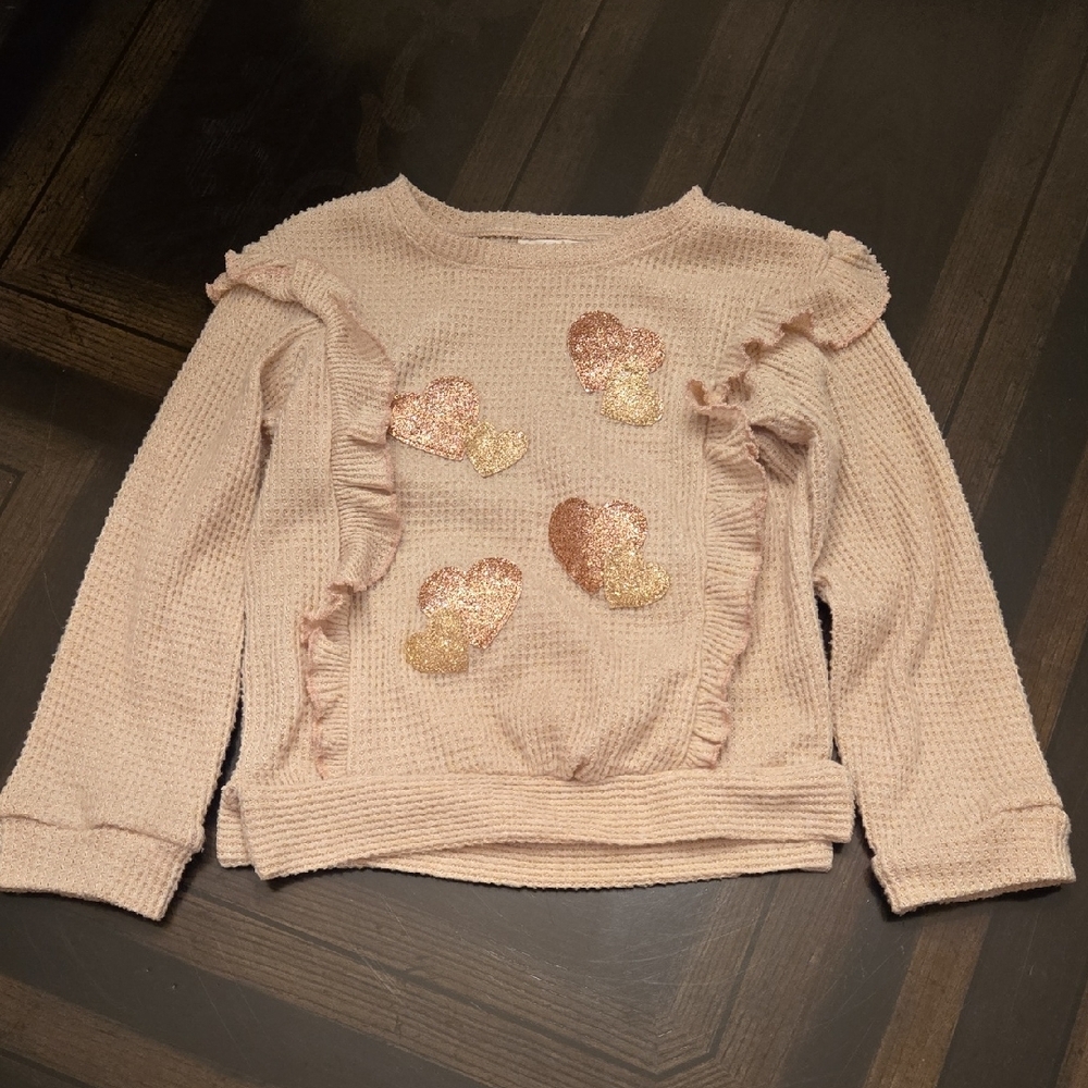Rare Editions Cream Waffle Knit Sweater w/glitter hearts Size 6